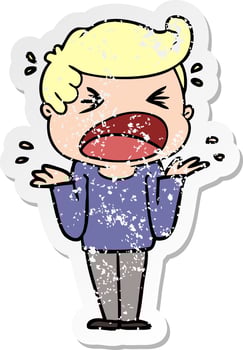 distressed sticker of a cartoon shouting man vector