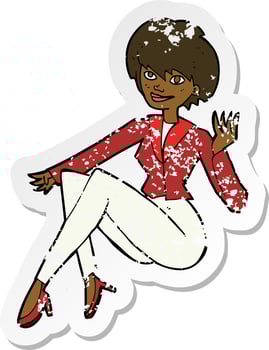 retro distressed sticker of a cartoon businesswoman sitting vector