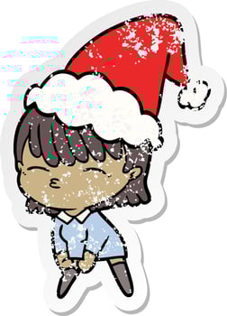 distressed sticker cartoon of a woman wearing santa hat vector