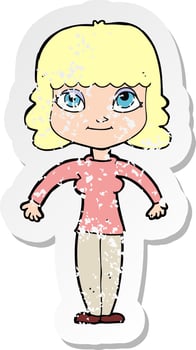 retro distressed sticker of a cartoon woman shrugging shoulders vector