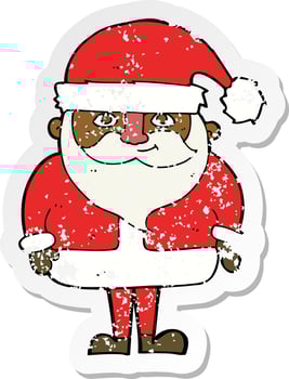 retro distressed sticker of a cartoon happy santa claus vector
