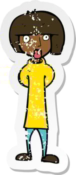 retro distressed sticker of a cartoon curious woman vector