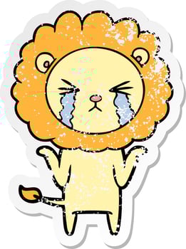 distressed sticker of a cartoon crying lion vector