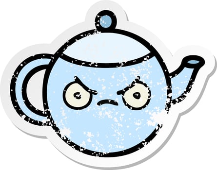 distressed sticker of a cute cartoon angry tea pot vector