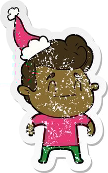 happy distressed sticker cartoon of a man wearing santa hat vector