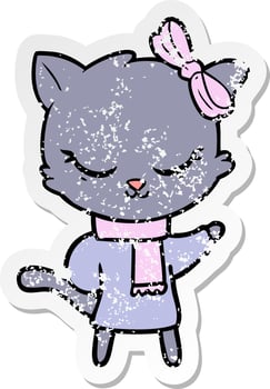 distressed sticker of a cute cartoon cat with bow vector