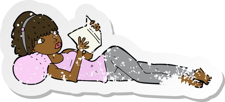 retro distressed sticker of a cartoon pretty woman reading book vector