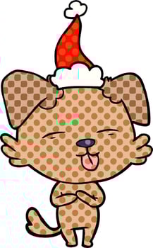 comic book style illustration of a dog sticking out tongue wearing santa hat vector