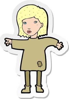 sticker of a cartoon woman in patched clothing vector