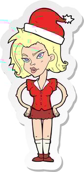 sticker of a cartoon woman in christmas hat vector