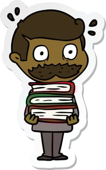 sticker of a cartoon man with mustache and books vector
