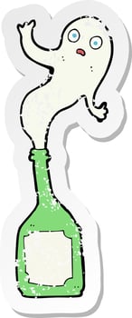 retro distressed sticker of a cartoon ghost in bottle vector