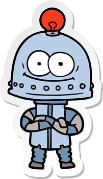 sticker of a happy carton robot with light bulb vector