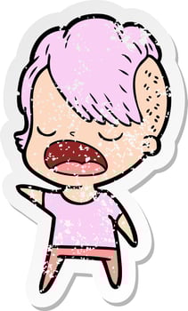 distressed sticker of a cartoon cool hipster girl talking vector