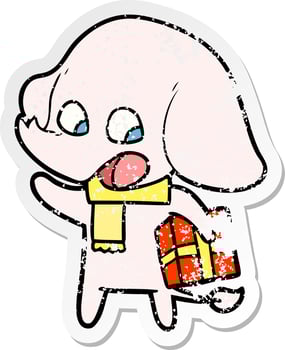 distressed sticker of a cute cartoon elephant with christmas present vector
