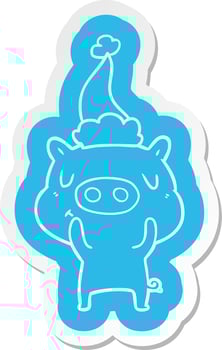 cartoon  sticker of a content pig wearing santa hat vector