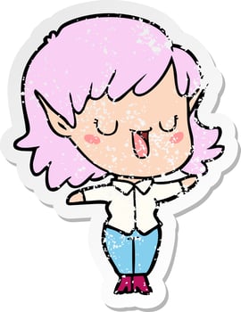 distressed sticker of a cartoon elf girl vector