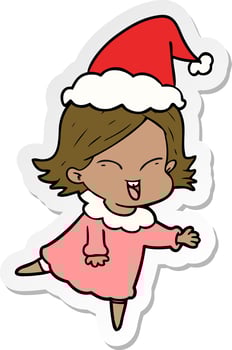 happy sticker cartoon of a girl wearing santa hat vector
