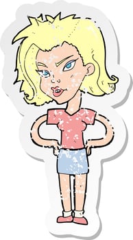 retro distressed sticker of a cartoon woman with hands on hips vector