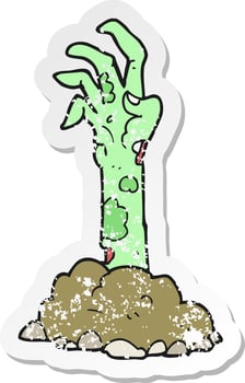 retro distressed sticker of a cartoon zombie hand rising from ground vector
