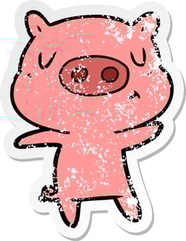 distressed sticker of a cartoon content pig vector