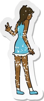 retro distressed sticker of a cartoon woman waving vector