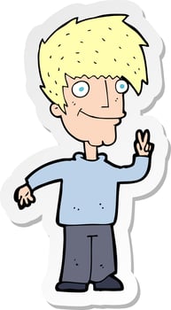 sticker of a cartoon man giving peace sign vector