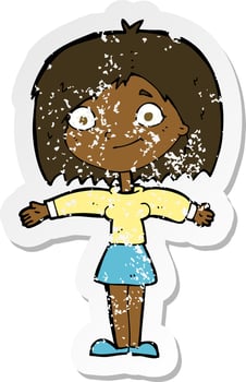 retro distressed sticker of a cartoon happy girl vector