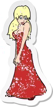 retro distressed sticker of a cartoon pretty woman in dress vector