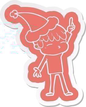 cartoon  sticker of a curious boy wearing santa hat vector