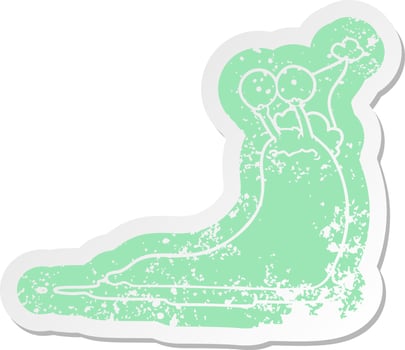 cartoon distressed sticker of a slug wearing santa hat vector