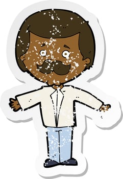 retro distressed sticker of a cartoon mustache man with open arms vector