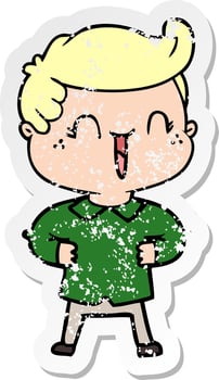 distressed sticker of a cartoon laughing boy with hands on hips vector