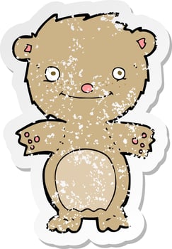 retro distressed sticker of a cartoon happy little teddy bear vector