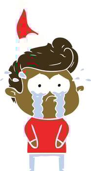 flat color illustration of a crying man wearing santa hat vector