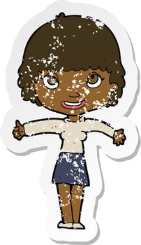 retro distressed sticker of a cartoon happy girl vector