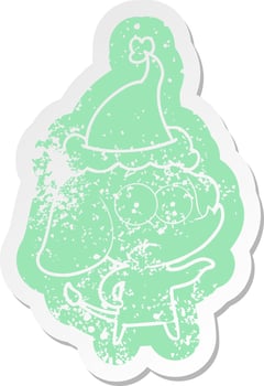cartoon distressed sticker of a unsure elephant wearing santa hat vector