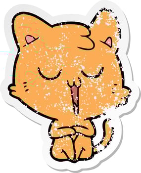 distressed sticker of a cartoon cat singing vector