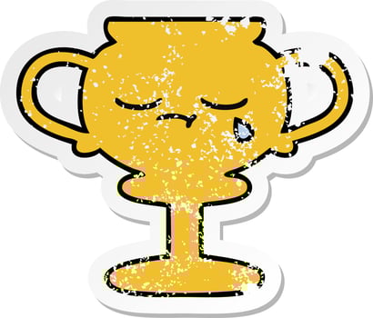 distressed sticker of a cute cartoon trophy vector