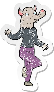 retro distressed sticker of a cartoon dancing werewolf woman vector