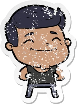 distressed sticker of a happy cartoon fashion man vector