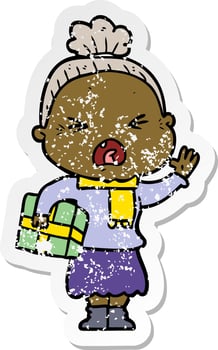 distressed sticker of a cartoon angry old woman vector