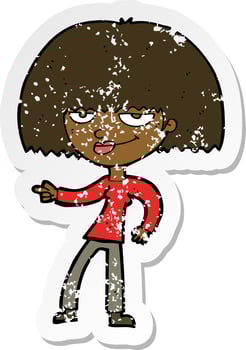 retro distressed sticker of a cartoon happy woman pointing vector
