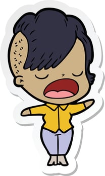 sticker of a cartoon cool hipster girl talking vector