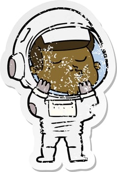 distressed sticker of a cartoon confident astronaut vector
