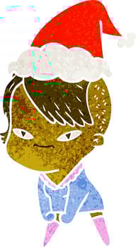 cute retro cartoon of a girl with hipster haircut wearing santa hat vector