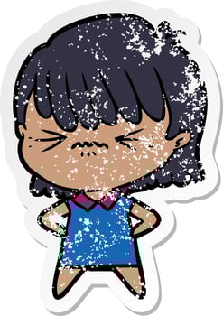 distressed sticker of a annoyed cartoon girl vector