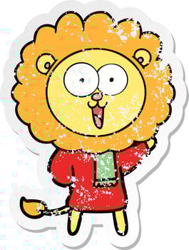 distressed sticker of a happy cartoon lion vector