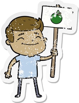 distressed sticker of a happy cartoon man with apple placard vector