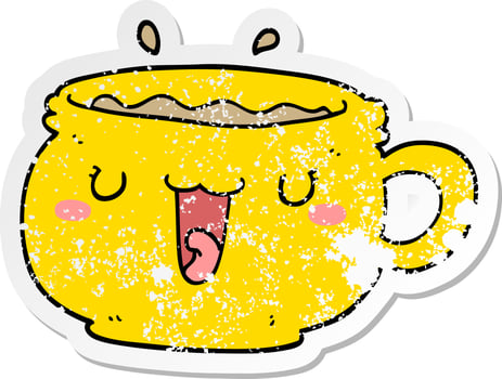 distressed sticker of a cute cartoon coffee cup vector